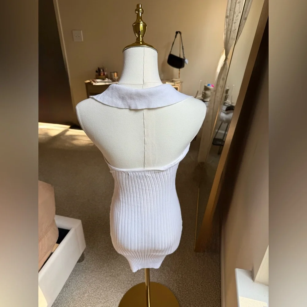 Collared White Backless Ribbed Dress - Picture 2 of 3